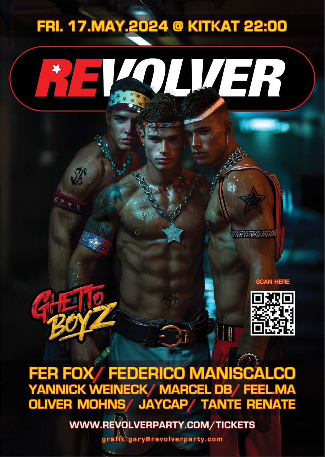 3 shirtless muscled men stand huddled together. Revolver logo at top; text above logo: Friday 17th May 2024 starting at 22:00 in KitKat Club Berlin